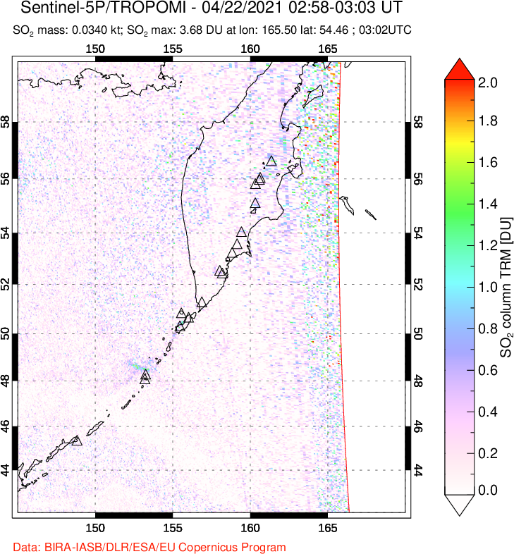 A sulfur dioxide image over Kamchatka, Russian Federation on Apr 22, 2021.