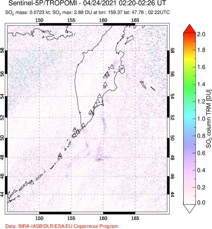 A sulfur dioxide image over Kamchatka, Russian Federation on Apr 24, 2021.