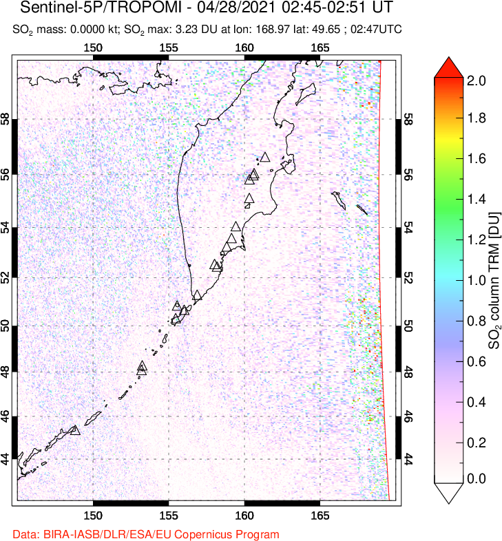 A sulfur dioxide image over Kamchatka, Russian Federation on Apr 28, 2021.