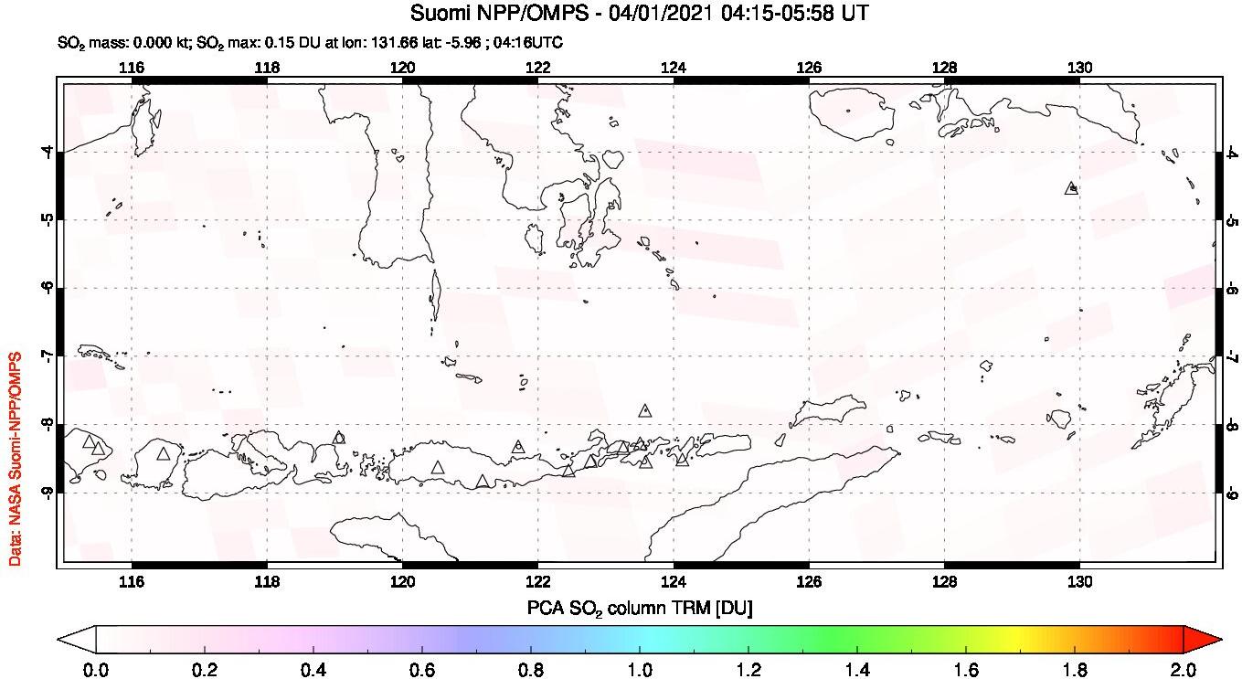 A sulfur dioxide image over Lesser Sunda Islands, Indonesia on Apr 01, 2021.