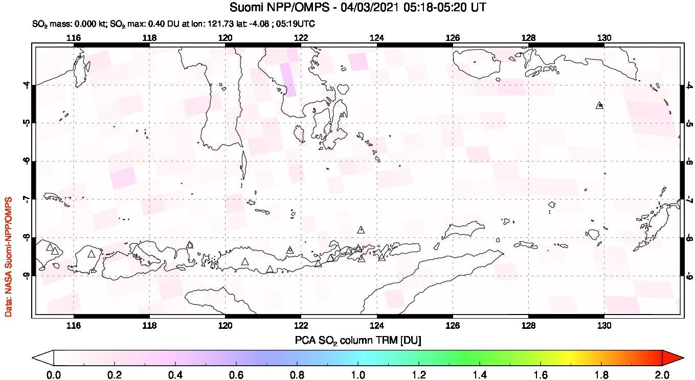 A sulfur dioxide image over Lesser Sunda Islands, Indonesia on Apr 03, 2021.