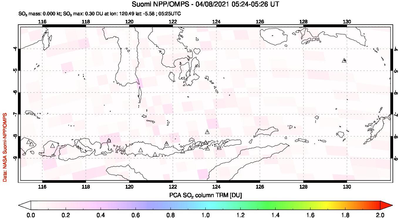 A sulfur dioxide image over Lesser Sunda Islands, Indonesia on Apr 08, 2021.