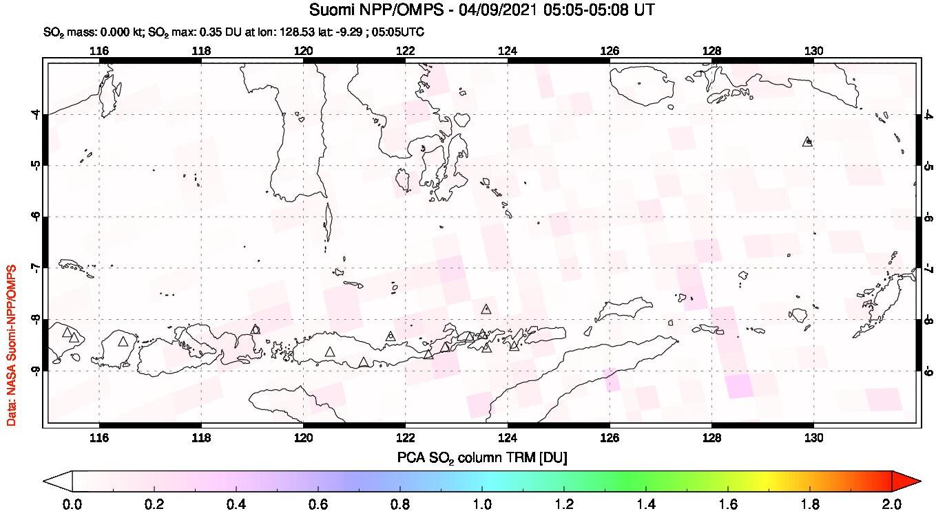 A sulfur dioxide image over Lesser Sunda Islands, Indonesia on Apr 09, 2021.