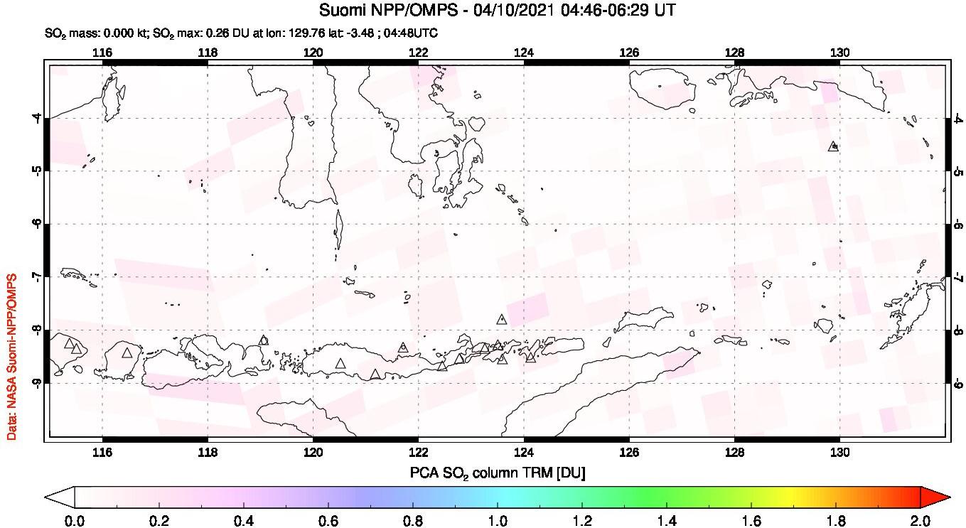 A sulfur dioxide image over Lesser Sunda Islands, Indonesia on Apr 10, 2021.