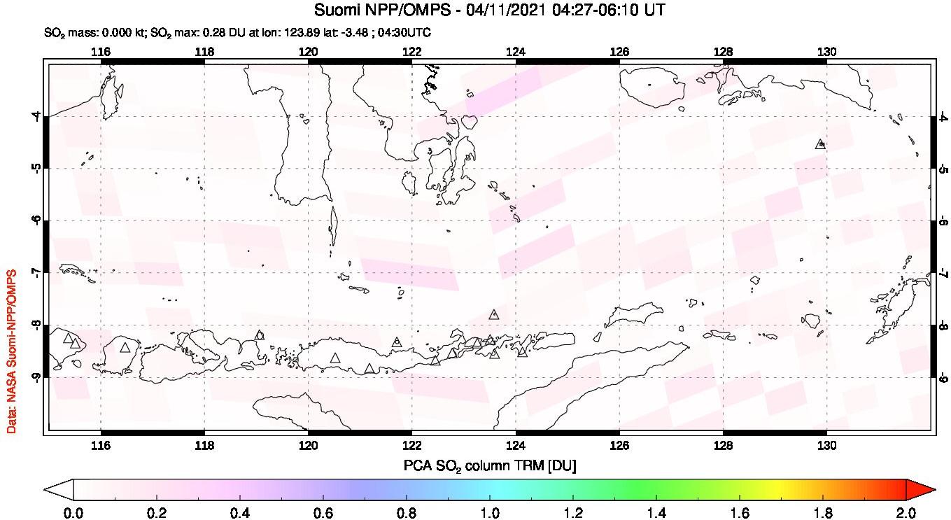 A sulfur dioxide image over Lesser Sunda Islands, Indonesia on Apr 11, 2021.