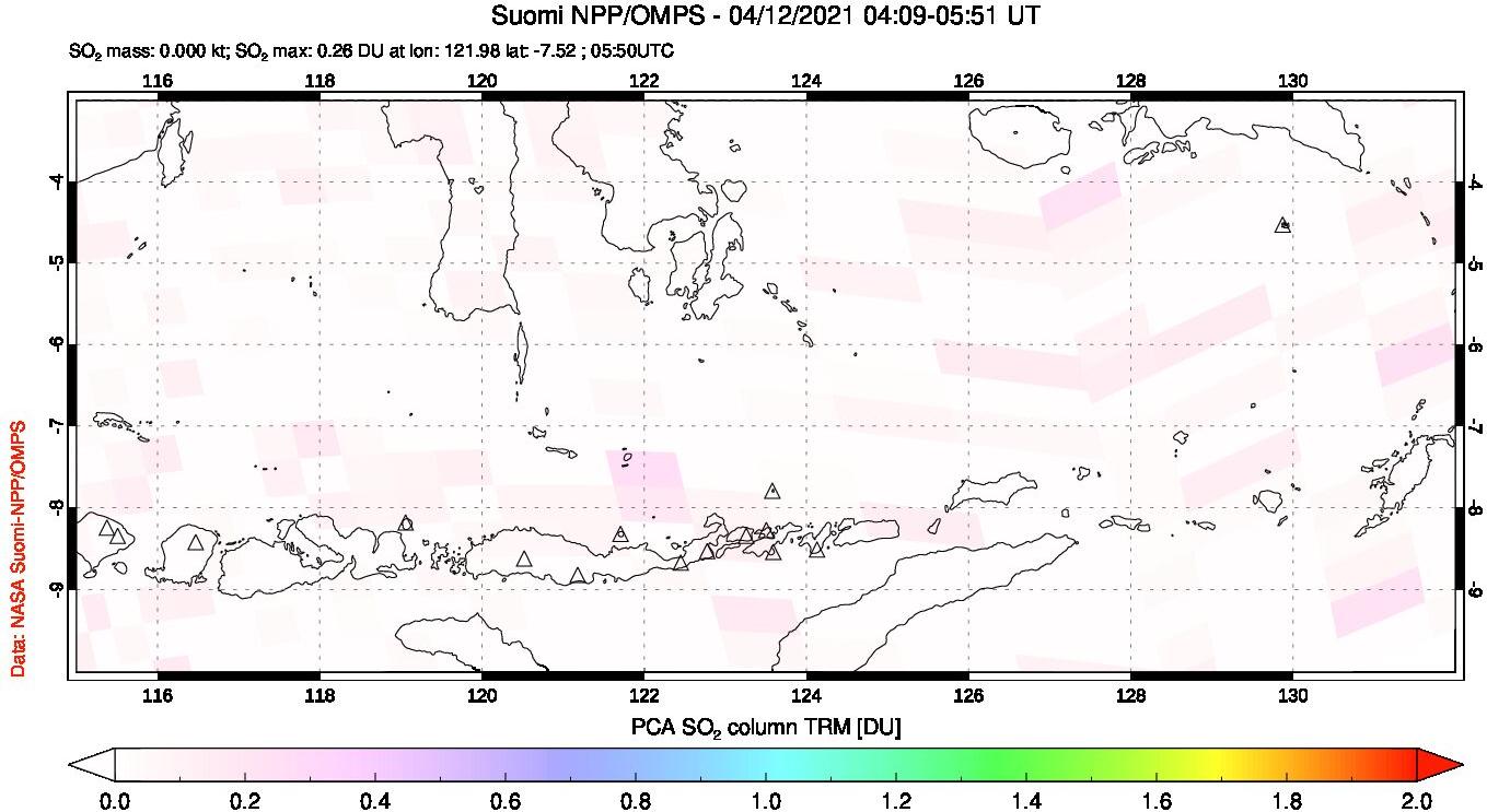 A sulfur dioxide image over Lesser Sunda Islands, Indonesia on Apr 12, 2021.
