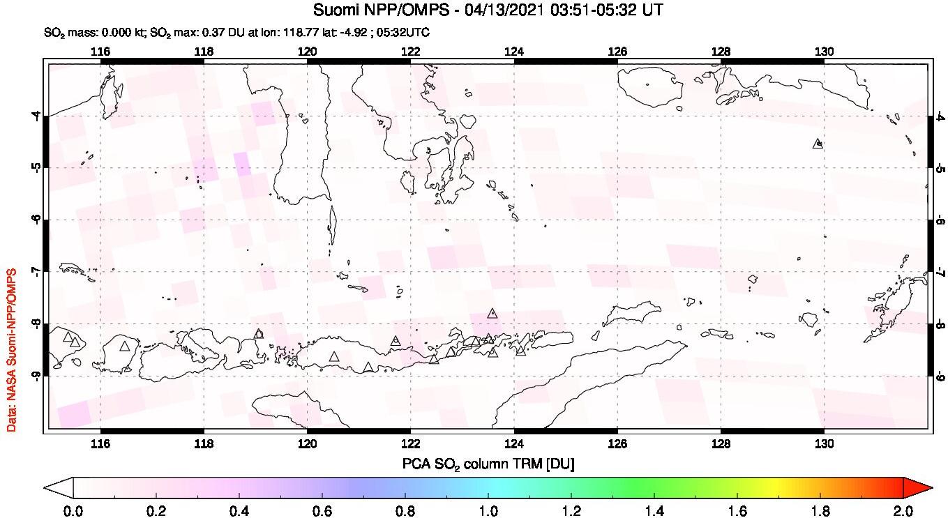 A sulfur dioxide image over Lesser Sunda Islands, Indonesia on Apr 13, 2021.