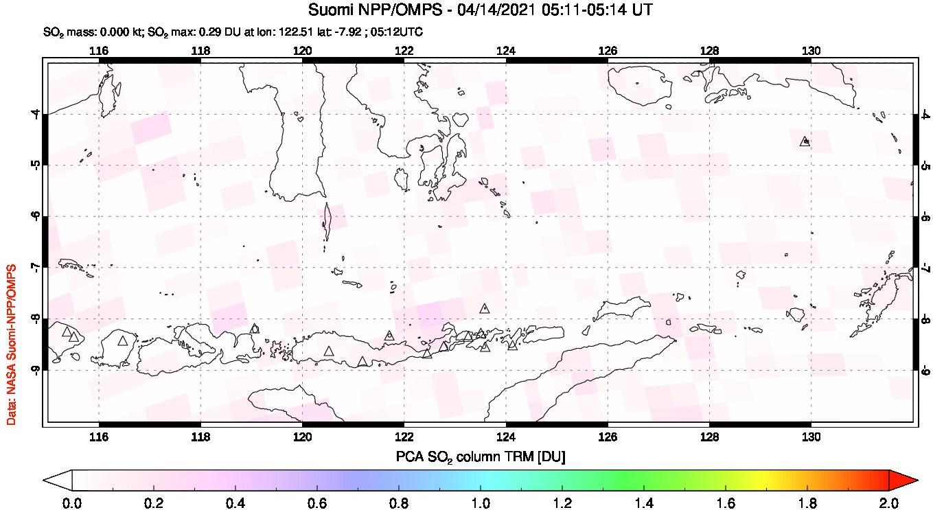 A sulfur dioxide image over Lesser Sunda Islands, Indonesia on Apr 14, 2021.