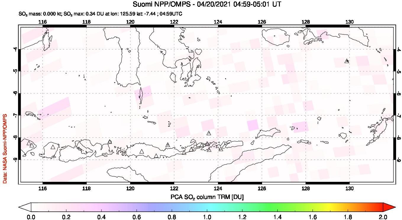 A sulfur dioxide image over Lesser Sunda Islands, Indonesia on Apr 20, 2021.