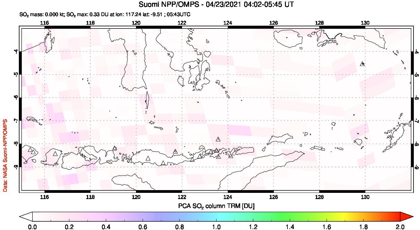 A sulfur dioxide image over Lesser Sunda Islands, Indonesia on Apr 23, 2021.
