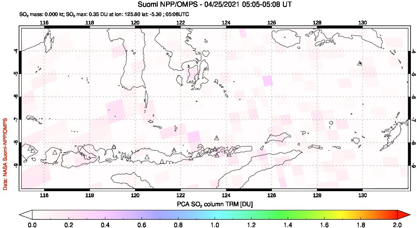 A sulfur dioxide image over Lesser Sunda Islands, Indonesia on Apr 25, 2021.