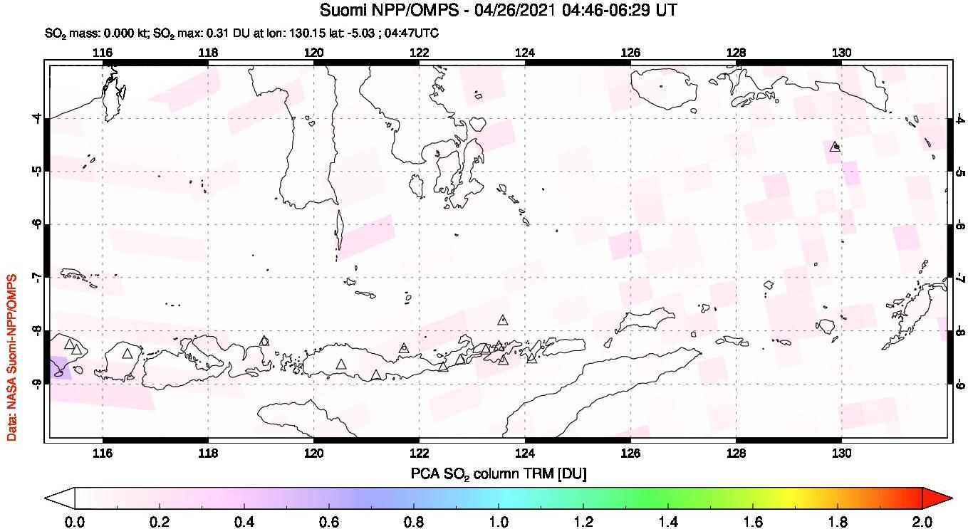 A sulfur dioxide image over Lesser Sunda Islands, Indonesia on Apr 26, 2021.