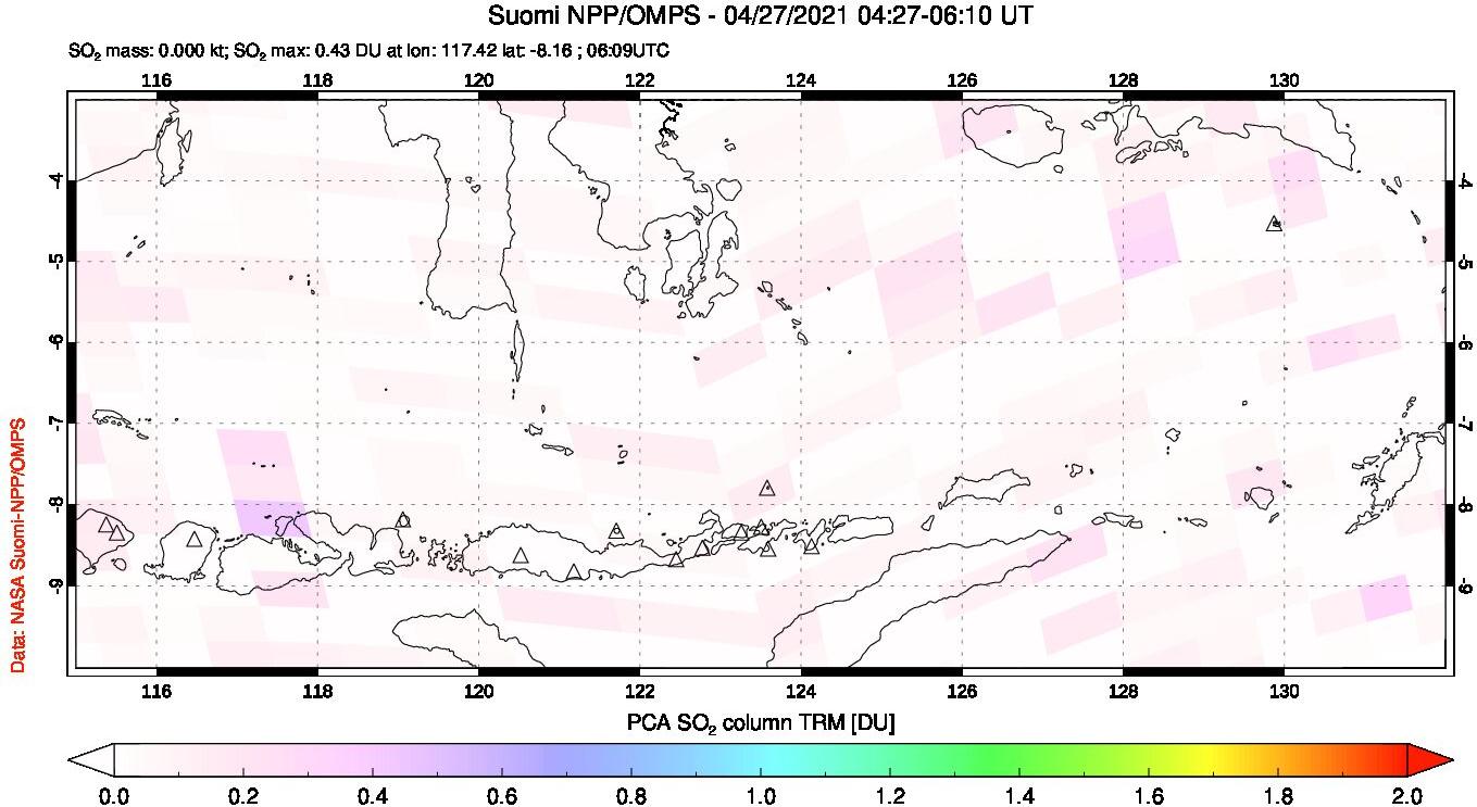 A sulfur dioxide image over Lesser Sunda Islands, Indonesia on Apr 27, 2021.