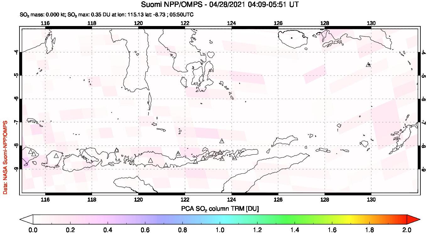 A sulfur dioxide image over Lesser Sunda Islands, Indonesia on Apr 28, 2021.