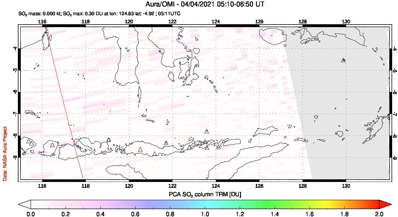 A sulfur dioxide image over Lesser Sunda Islands, Indonesia on Apr 04, 2021.