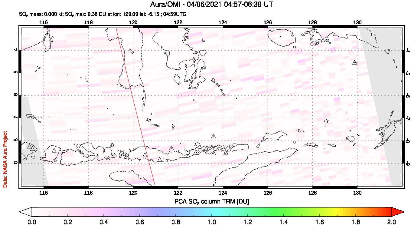 A sulfur dioxide image over Lesser Sunda Islands, Indonesia on Apr 06, 2021.