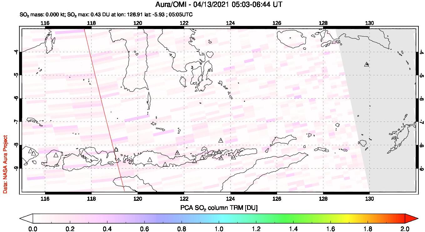 A sulfur dioxide image over Lesser Sunda Islands, Indonesia on Apr 13, 2021.