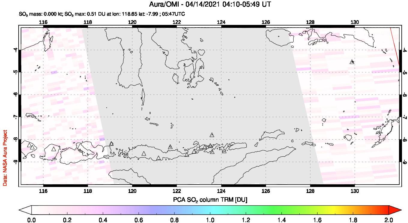 A sulfur dioxide image over Lesser Sunda Islands, Indonesia on Apr 14, 2021.