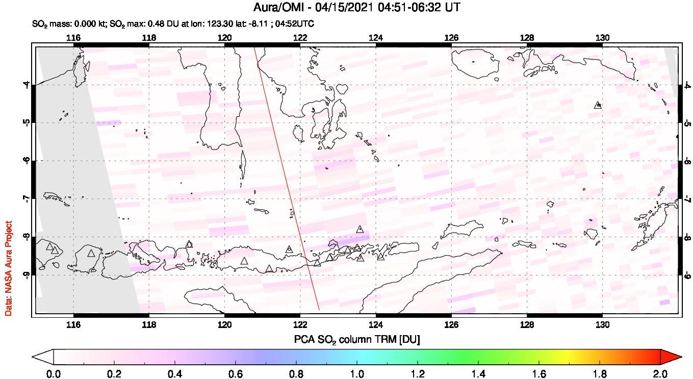 A sulfur dioxide image over Lesser Sunda Islands, Indonesia on Apr 15, 2021.
