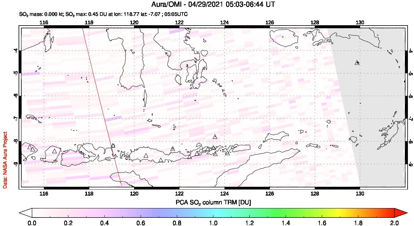 A sulfur dioxide image over Lesser Sunda Islands, Indonesia on Apr 29, 2021.
