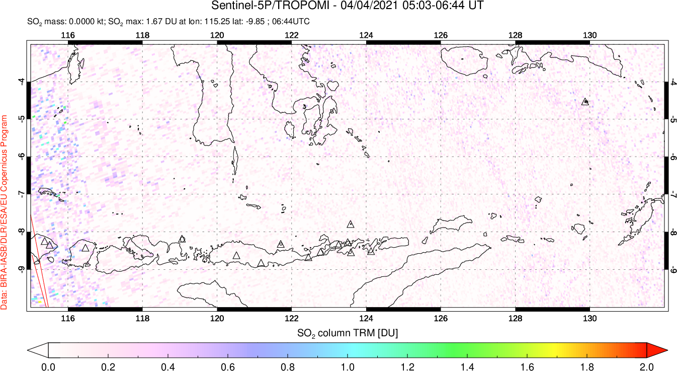 A sulfur dioxide image over Lesser Sunda Islands, Indonesia on Apr 04, 2021.
