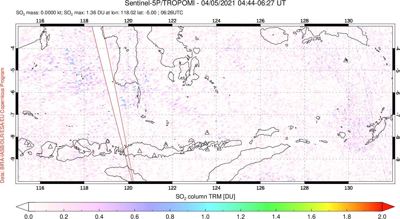 A sulfur dioxide image over Lesser Sunda Islands, Indonesia on Apr 05, 2021.