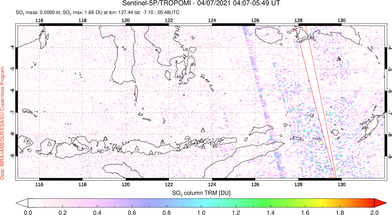 A sulfur dioxide image over Lesser Sunda Islands, Indonesia on Apr 07, 2021.