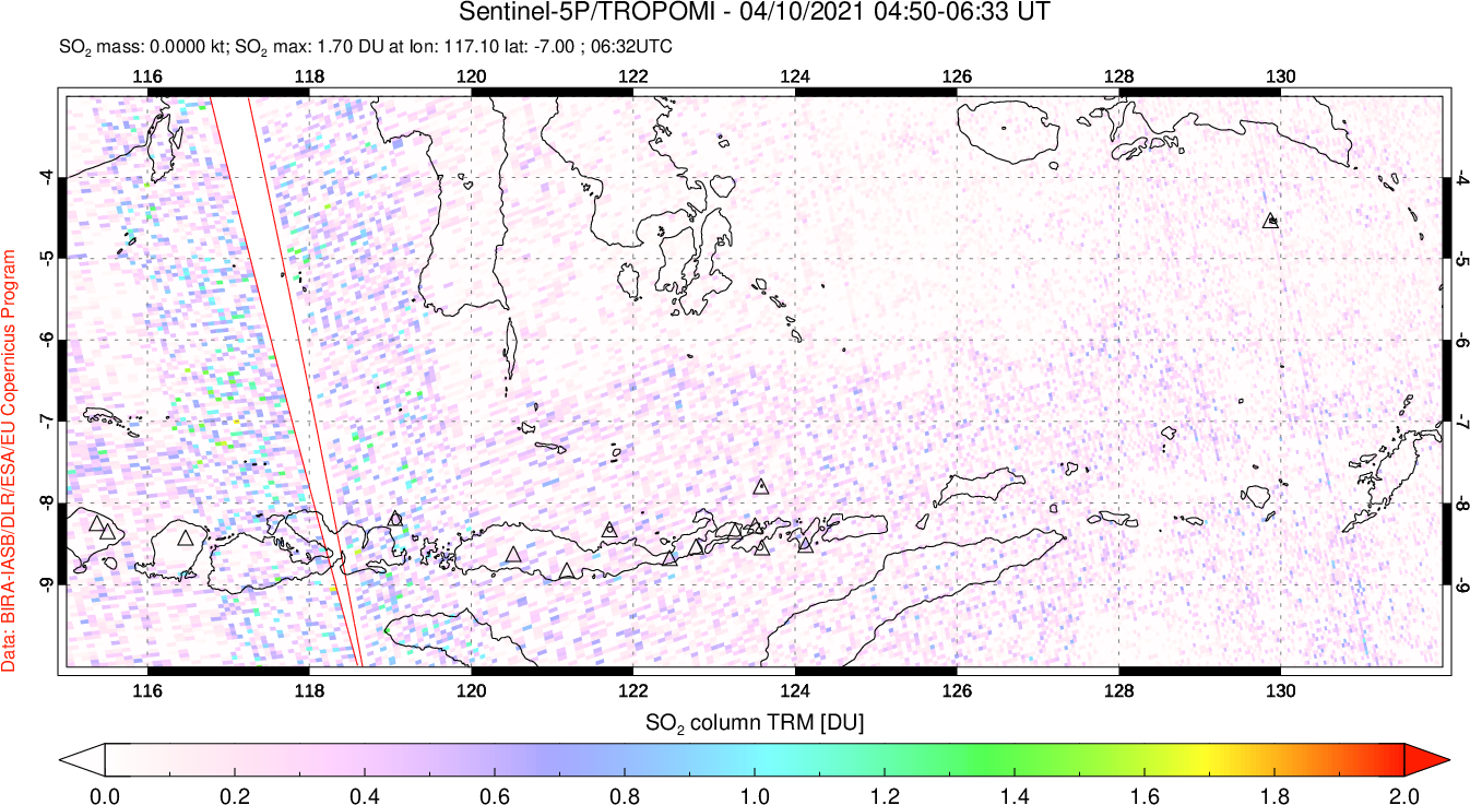 A sulfur dioxide image over Lesser Sunda Islands, Indonesia on Apr 10, 2021.