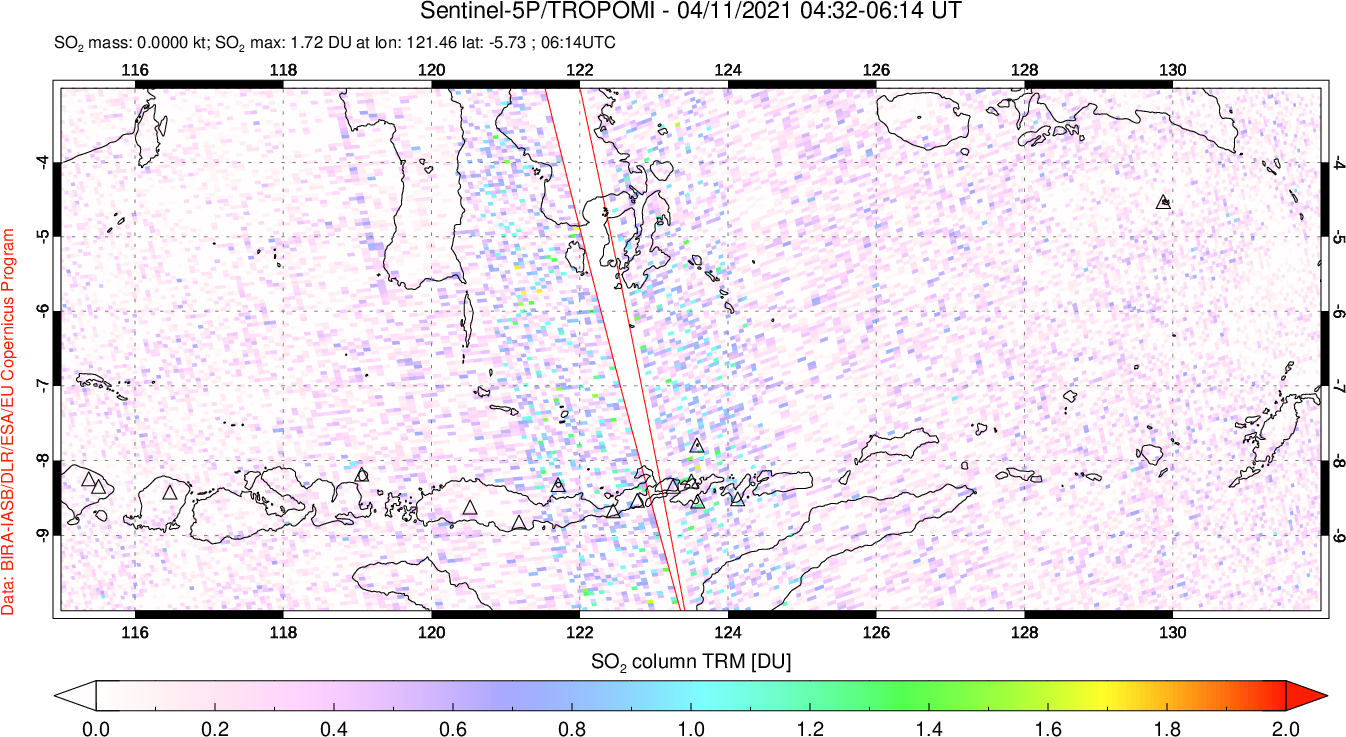 A sulfur dioxide image over Lesser Sunda Islands, Indonesia on Apr 11, 2021.