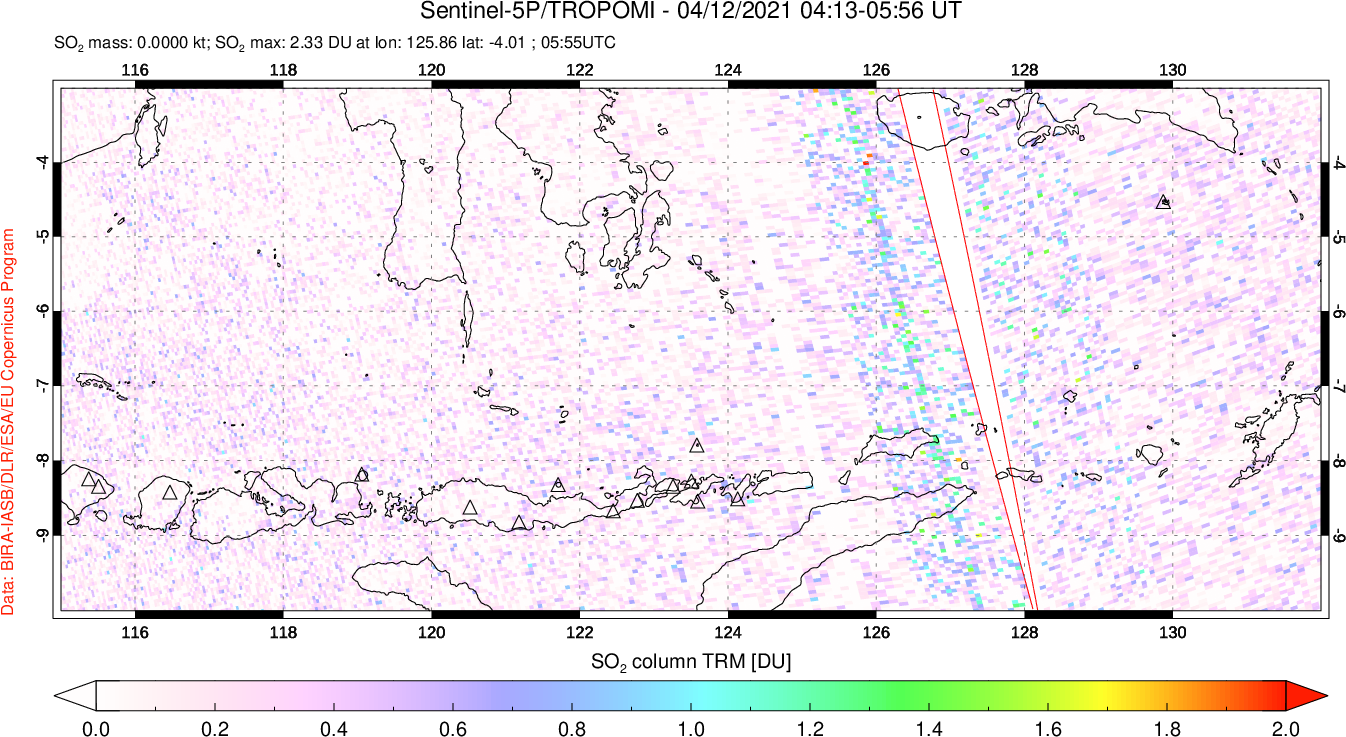 A sulfur dioxide image over Lesser Sunda Islands, Indonesia on Apr 12, 2021.