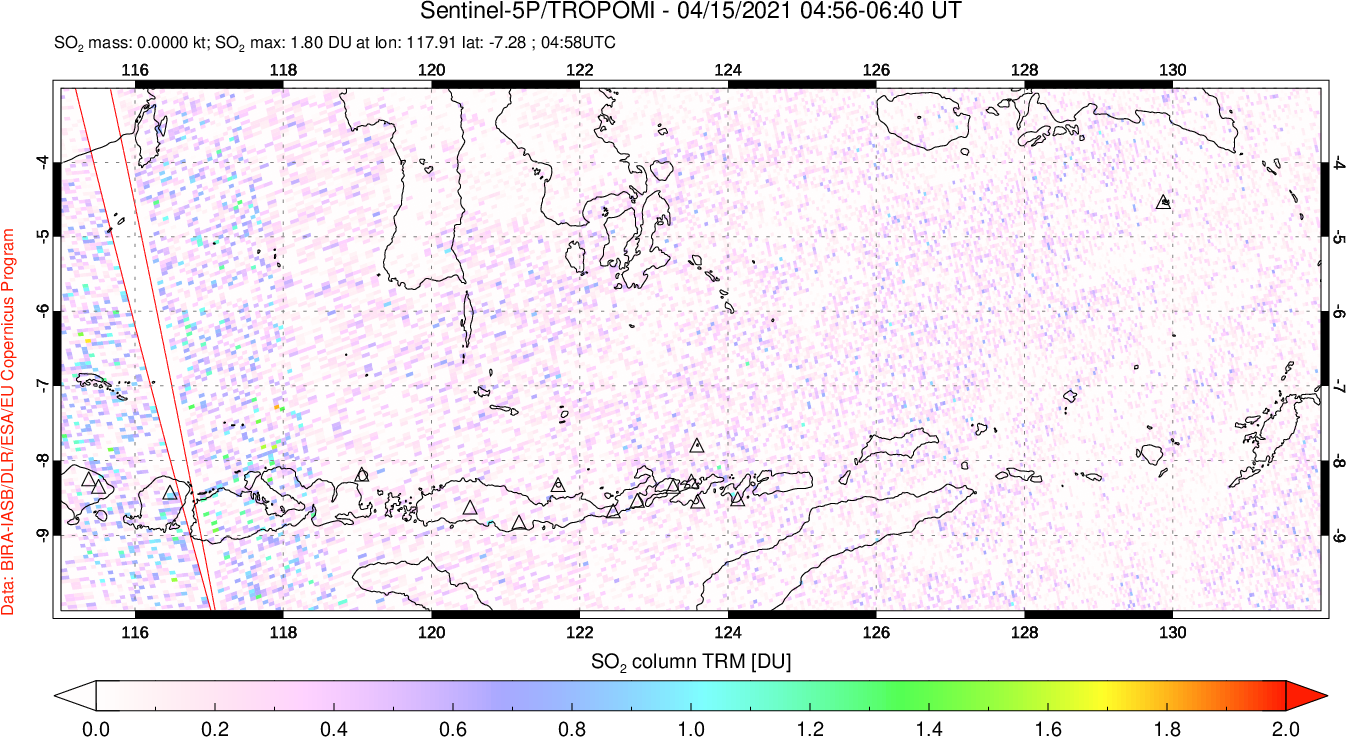 A sulfur dioxide image over Lesser Sunda Islands, Indonesia on Apr 15, 2021.