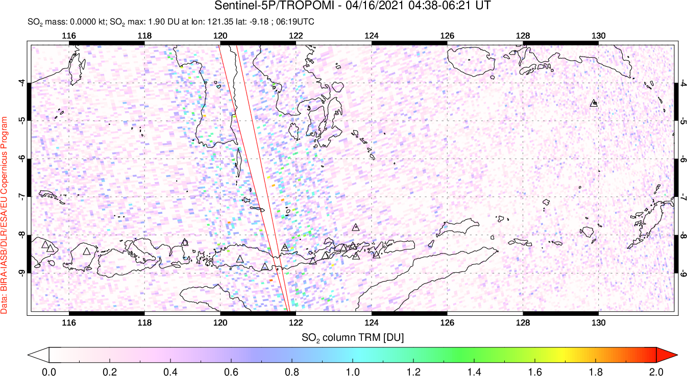 A sulfur dioxide image over Lesser Sunda Islands, Indonesia on Apr 16, 2021.