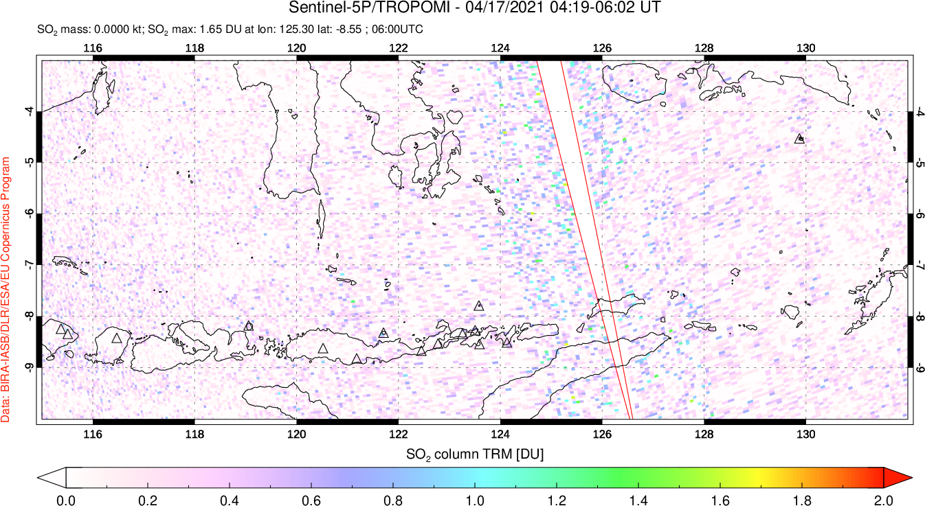 A sulfur dioxide image over Lesser Sunda Islands, Indonesia on Apr 17, 2021.