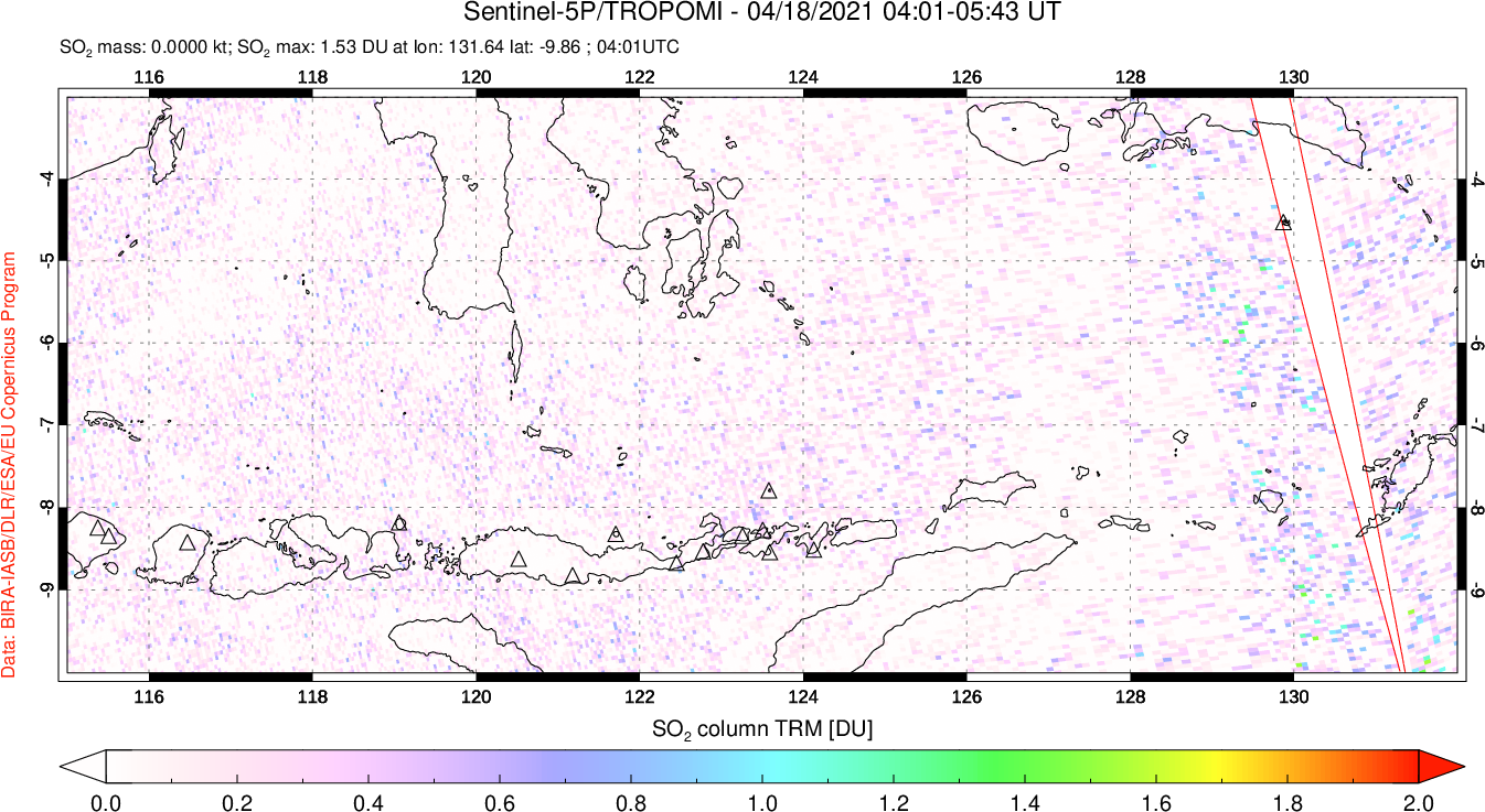 A sulfur dioxide image over Lesser Sunda Islands, Indonesia on Apr 18, 2021.