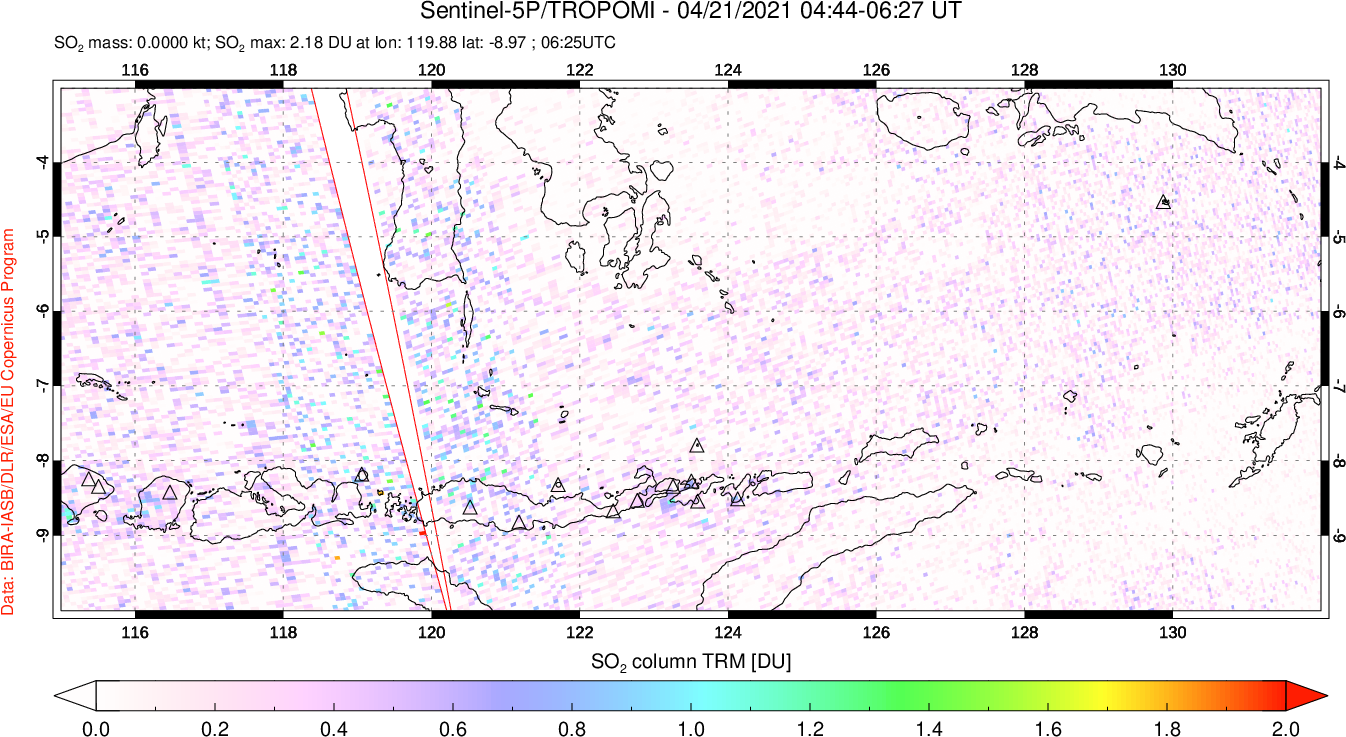 A sulfur dioxide image over Lesser Sunda Islands, Indonesia on Apr 21, 2021.