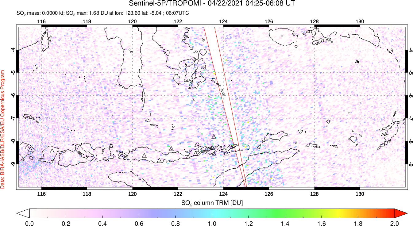 A sulfur dioxide image over Lesser Sunda Islands, Indonesia on Apr 22, 2021.