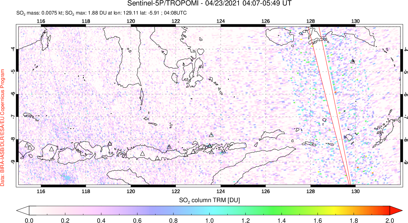 A sulfur dioxide image over Lesser Sunda Islands, Indonesia on Apr 23, 2021.