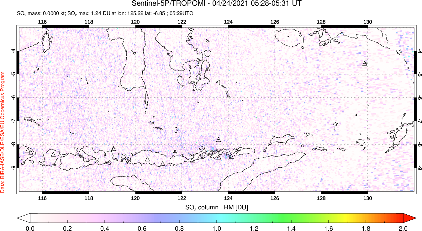 A sulfur dioxide image over Lesser Sunda Islands, Indonesia on Apr 24, 2021.