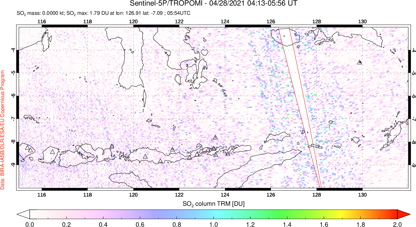 A sulfur dioxide image over Lesser Sunda Islands, Indonesia on Apr 28, 2021.