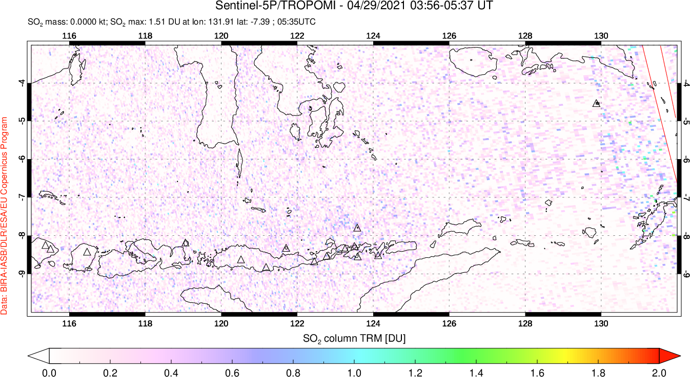A sulfur dioxide image over Lesser Sunda Islands, Indonesia on Apr 29, 2021.