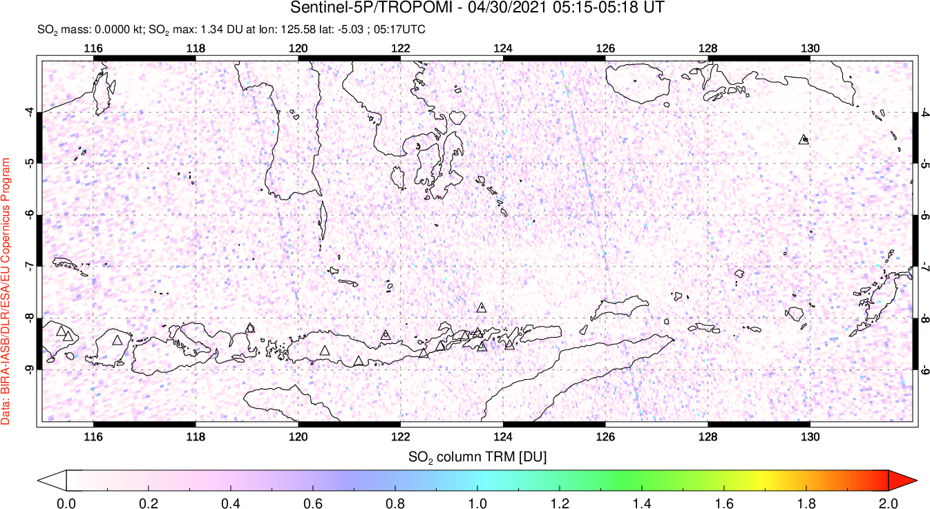 A sulfur dioxide image over Lesser Sunda Islands, Indonesia on Apr 30, 2021.