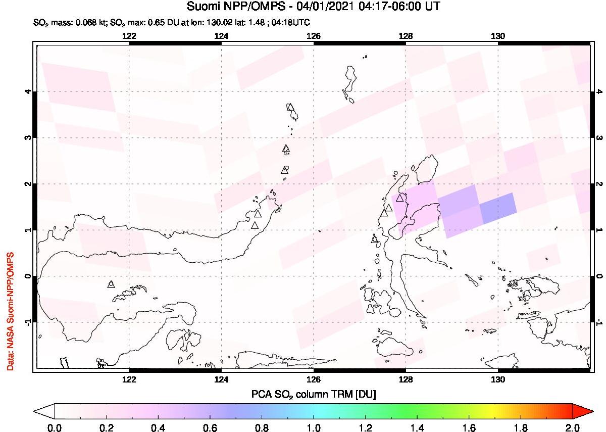 A sulfur dioxide image over Northern Sulawesi & Halmahera, Indonesia on Apr 01, 2021.