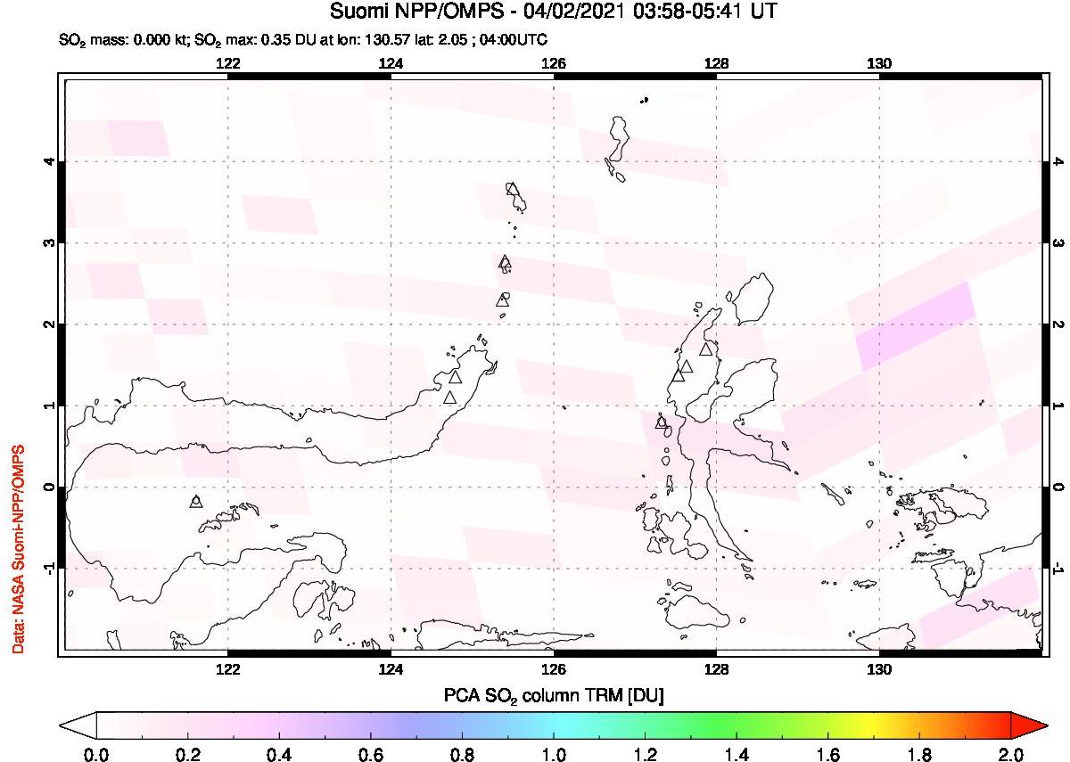 A sulfur dioxide image over Northern Sulawesi & Halmahera, Indonesia on Apr 02, 2021.