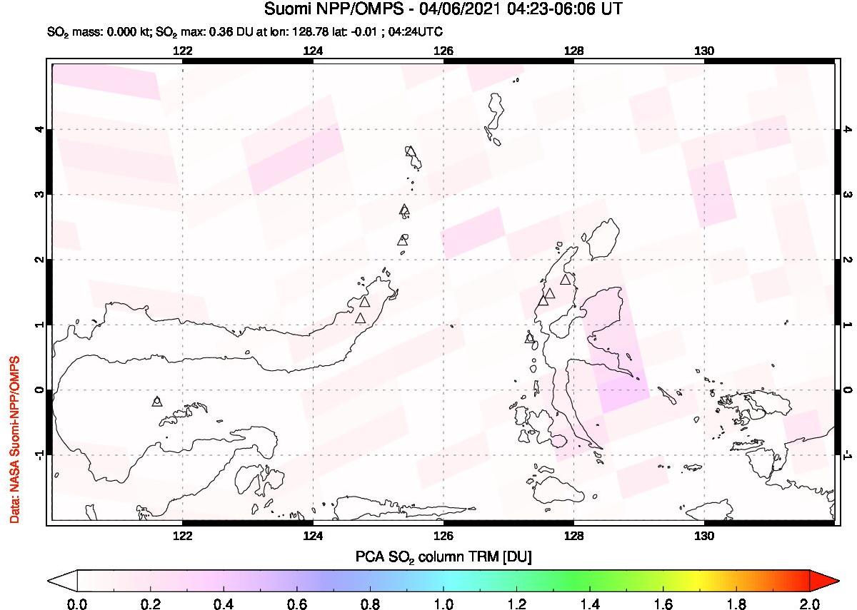 A sulfur dioxide image over Northern Sulawesi & Halmahera, Indonesia on Apr 06, 2021.
