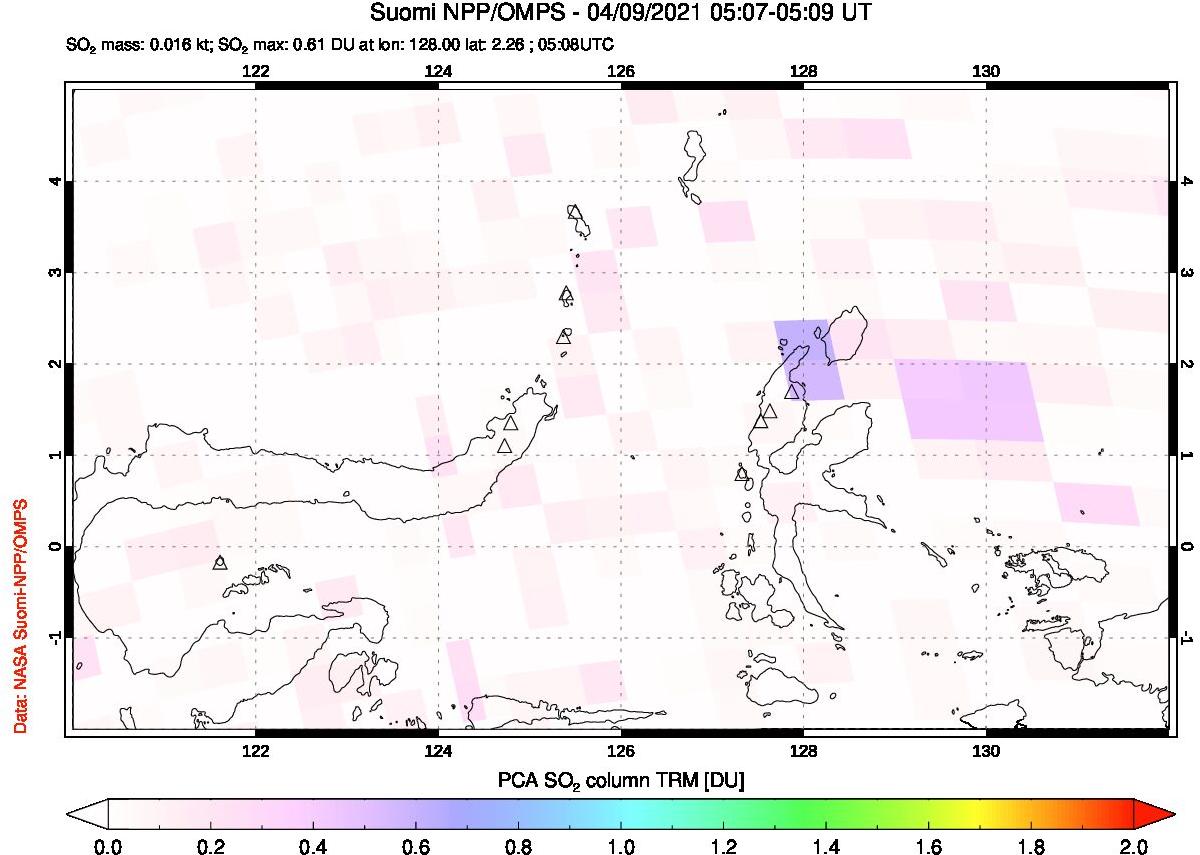 A sulfur dioxide image over Northern Sulawesi & Halmahera, Indonesia on Apr 09, 2021.