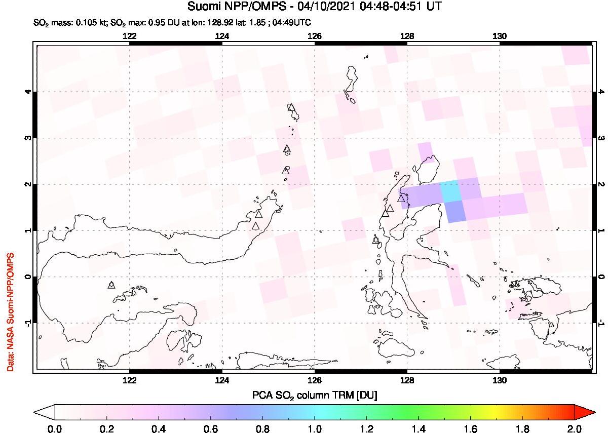 A sulfur dioxide image over Northern Sulawesi & Halmahera, Indonesia on Apr 10, 2021.