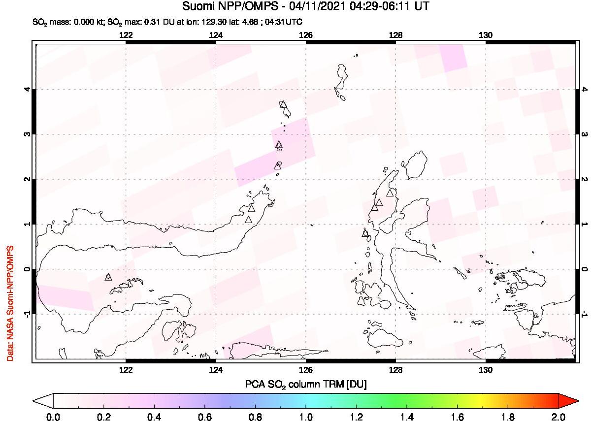 A sulfur dioxide image over Northern Sulawesi & Halmahera, Indonesia on Apr 11, 2021.