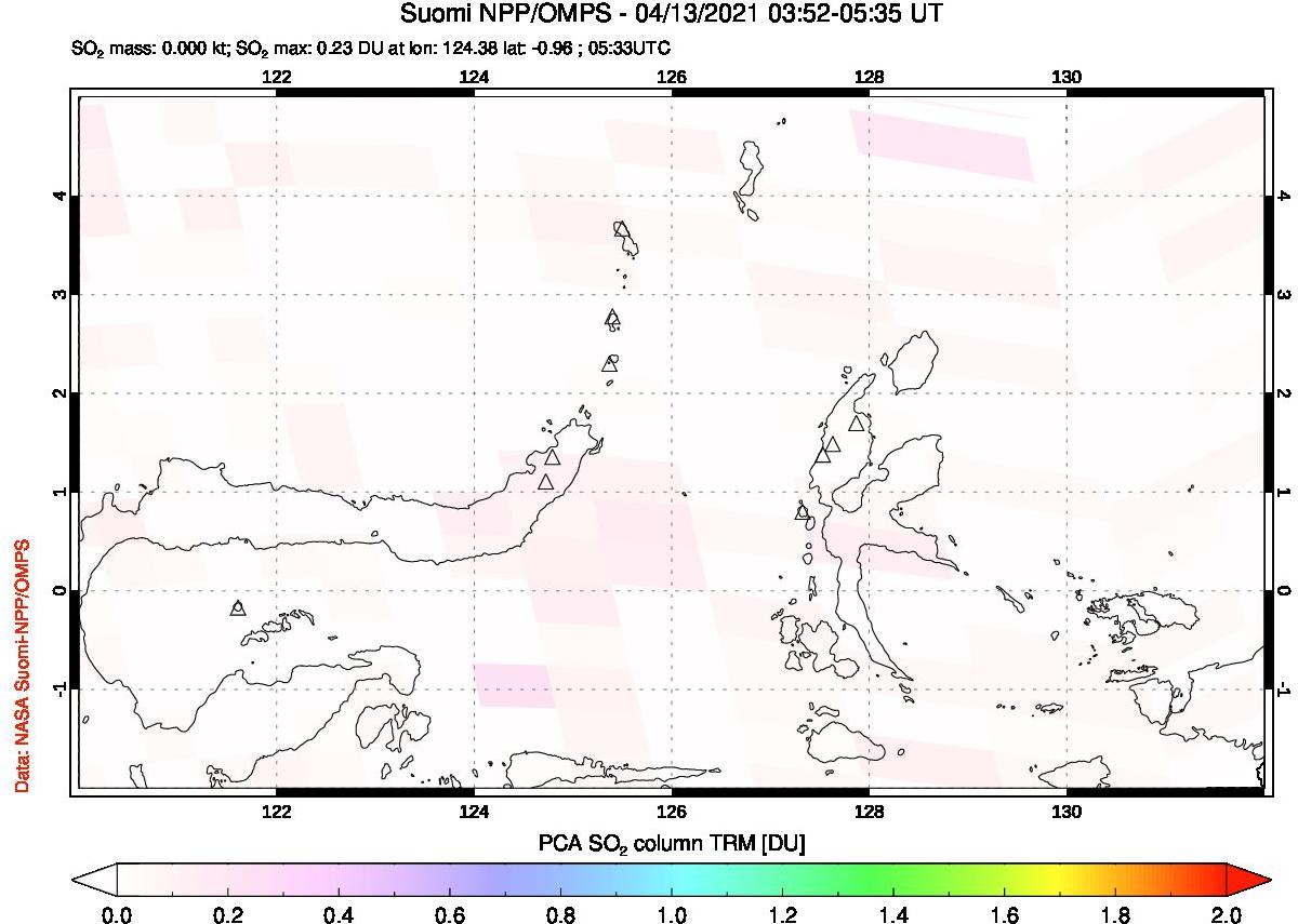 A sulfur dioxide image over Northern Sulawesi & Halmahera, Indonesia on Apr 13, 2021.