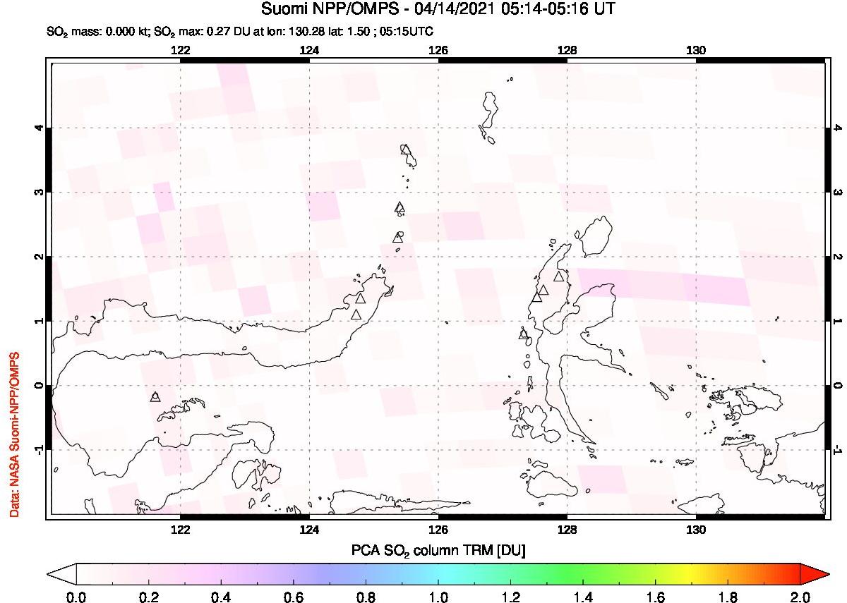 A sulfur dioxide image over Northern Sulawesi & Halmahera, Indonesia on Apr 14, 2021.