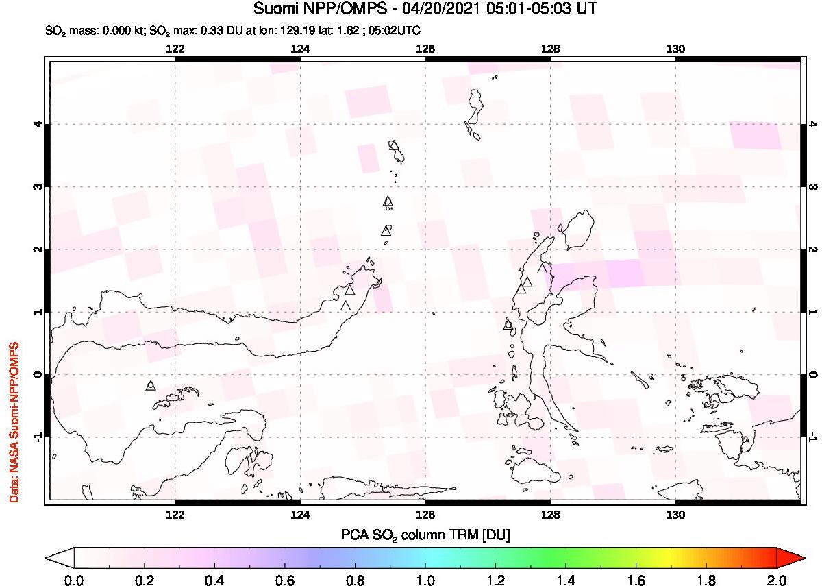 A sulfur dioxide image over Northern Sulawesi & Halmahera, Indonesia on Apr 20, 2021.